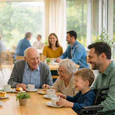Mehrere Generationen an einem Tisch bei Kaffee und Kuchen 